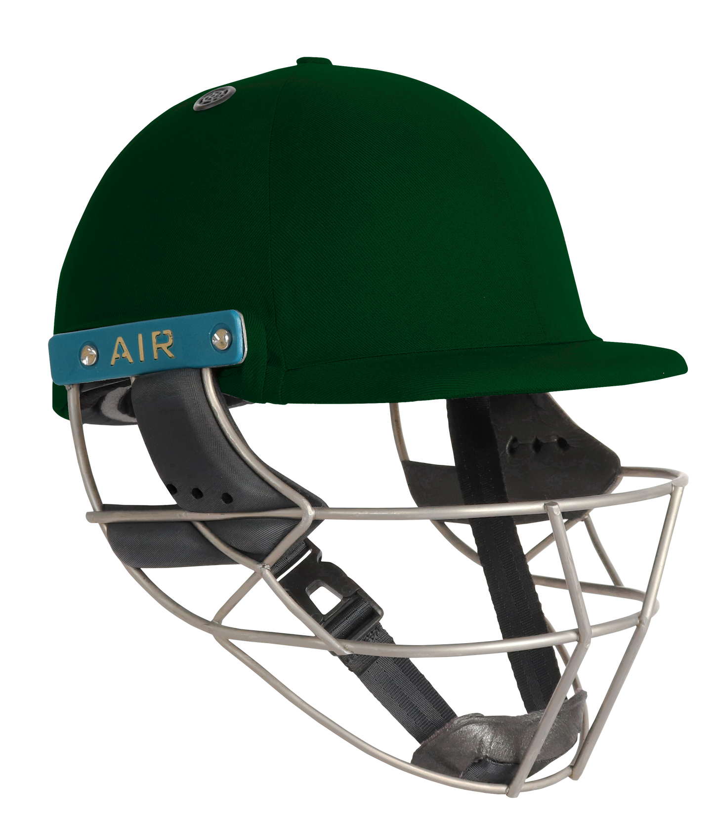 Shrey Masterclass Air 2.0 Titanium Batting Helmet in dark green with titanium grill and teal AIR branding.