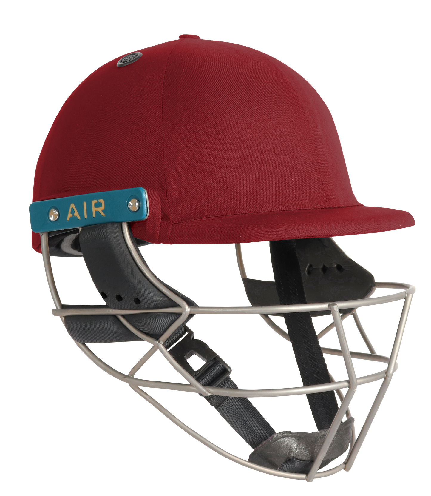 Shrey Masterclass Air 2.0 Titanium Batting Helmet in maroon featuring silver titanium grill and teal AIR accents.