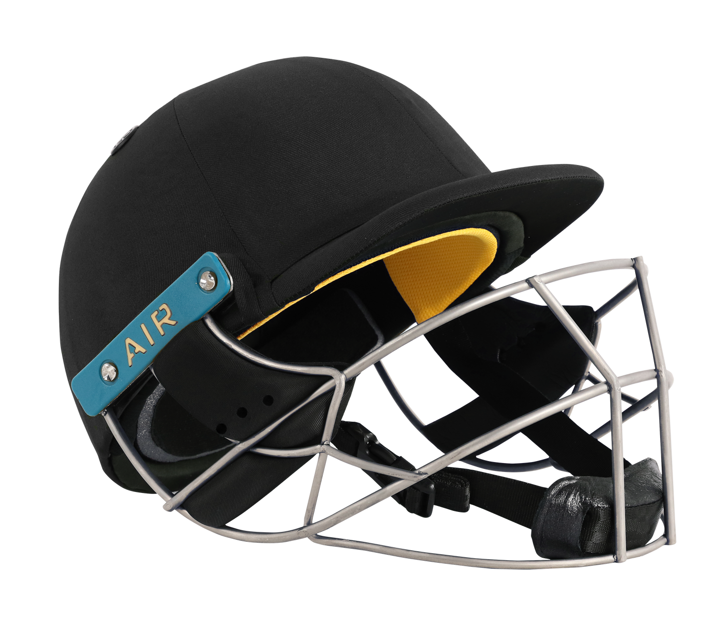 Shrey Masterclass Air 2.0 Titanium Batting Helmet in navy with silver titanium grill and teal AIR side plates.