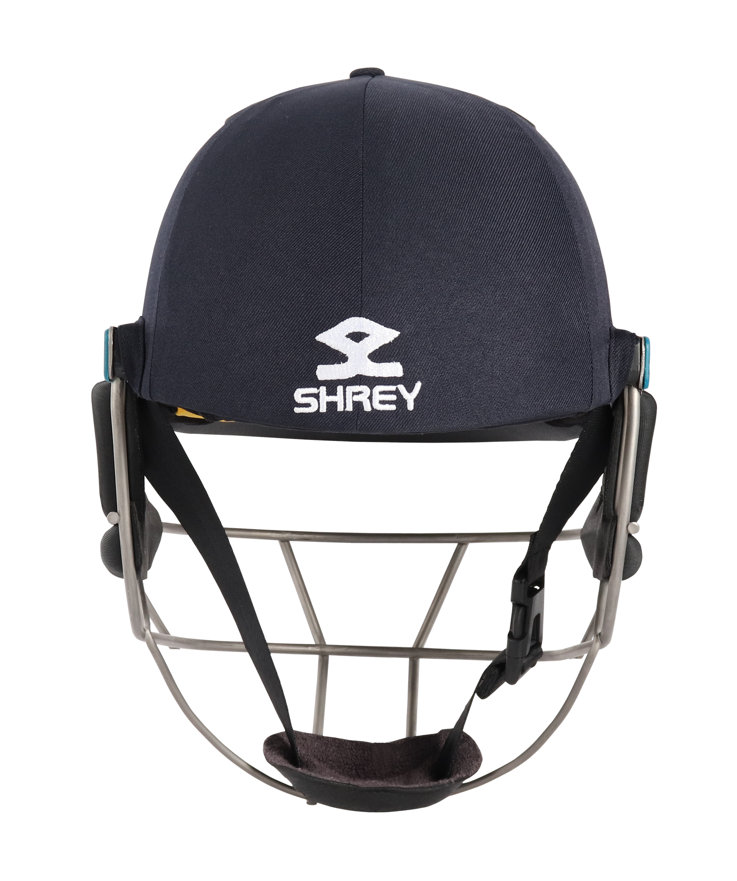 Rear view of Shrey Masterclass Air 2.0 Titanium Batting Helmet in navy with embroidered Shrey logo and titanium grill.