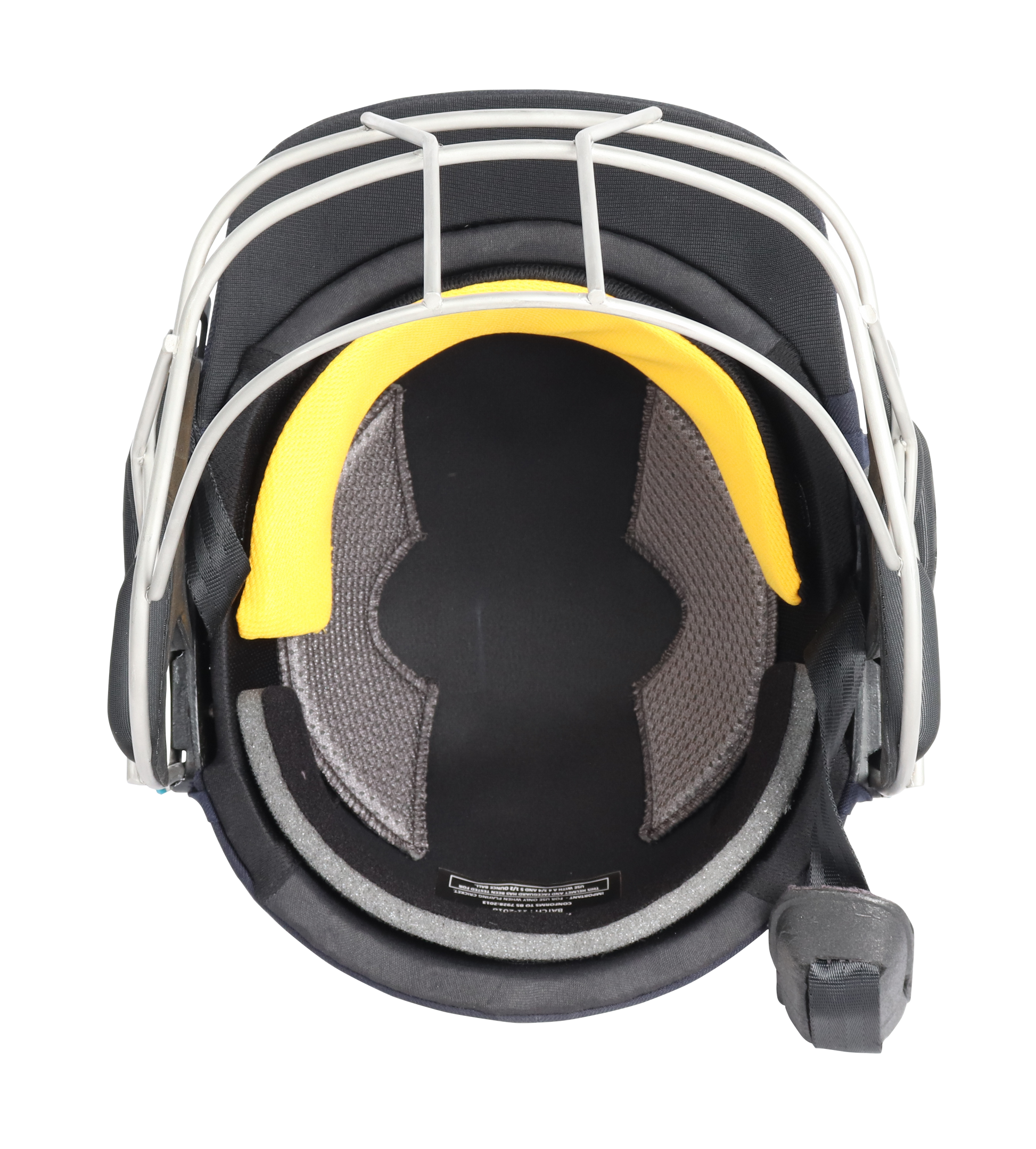Inside view of Shrey Masterclass Air 2.0 Titanium Batting Helmet showing yellow and grey comfort padding.