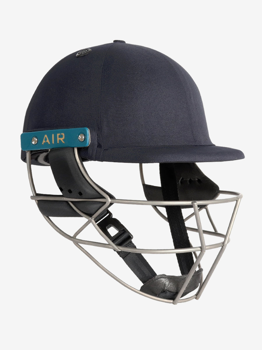 Shrey Masterclass Air 2.0 Titanium Batting Helmet navy edition showing protective titanium grill and airflow padding.