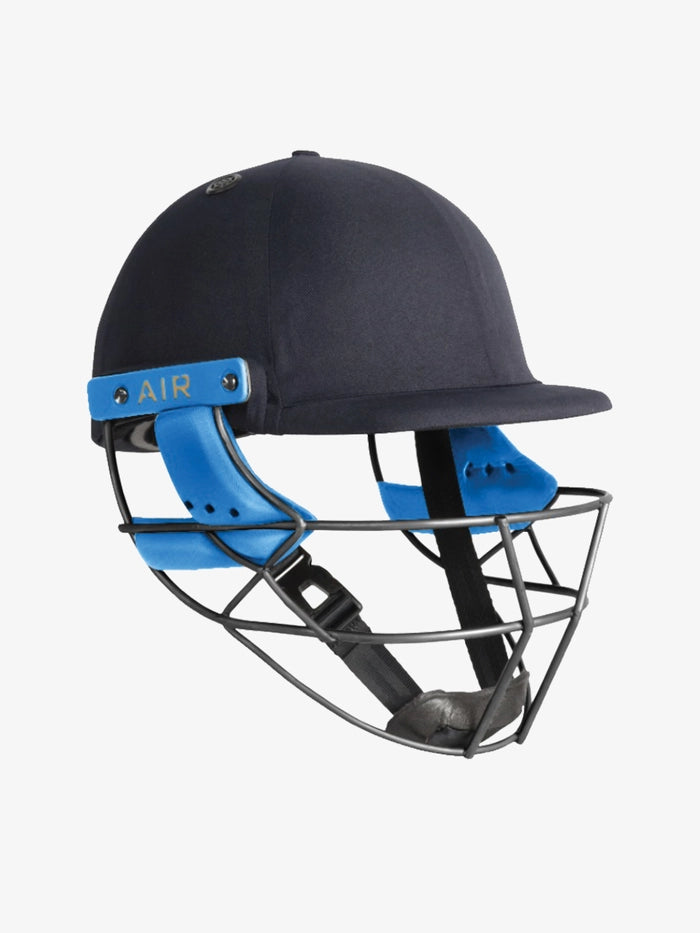 Shrey Masterclass Air Titanium Batting Helmet in navy and curious blue with lightweight titanium grill for professional cricket protection.