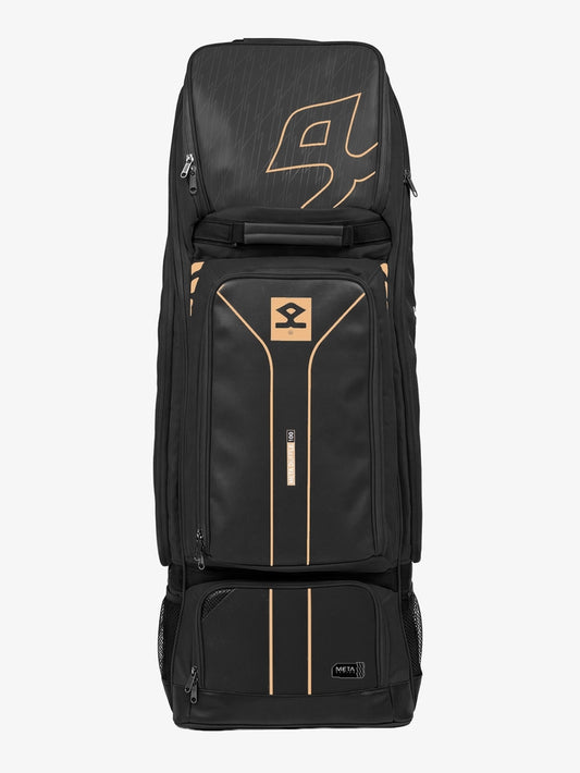 Shrey Meta VR Duffle 100 cricket bag front view in black with metallic gold detailing