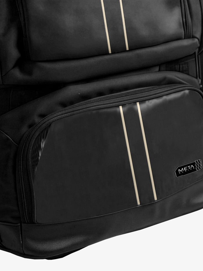 Shrey Meta VR Duffle Wheelie 120 close-up showing premium material, zips and pocket detailing