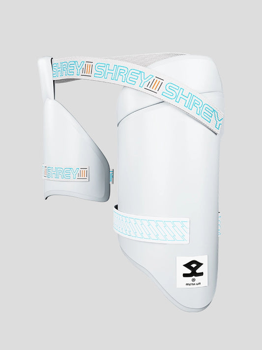 Angled front view of Shrey Meta VR Thigh Guard with white finish and branded straps
