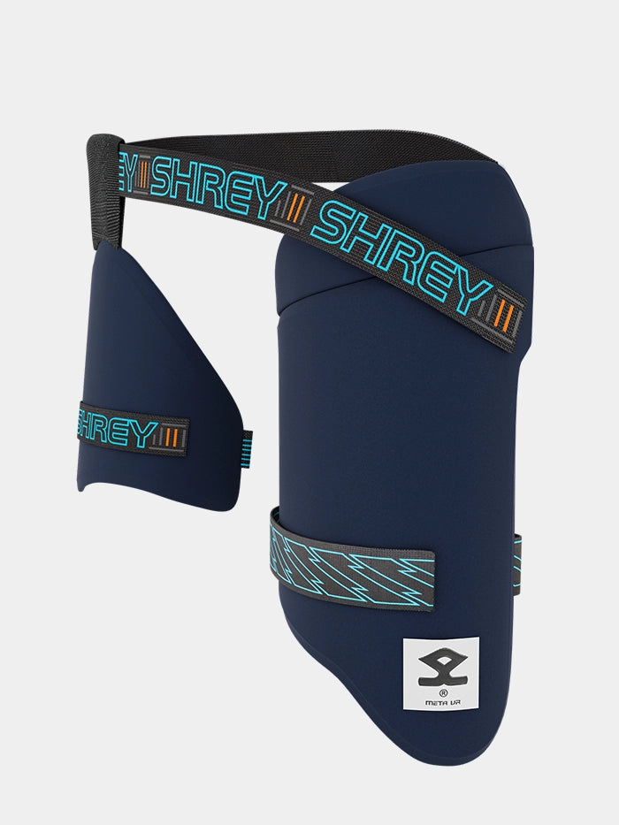 Inside of thigh guard showing contoured padding and navy sweat-wicking lining