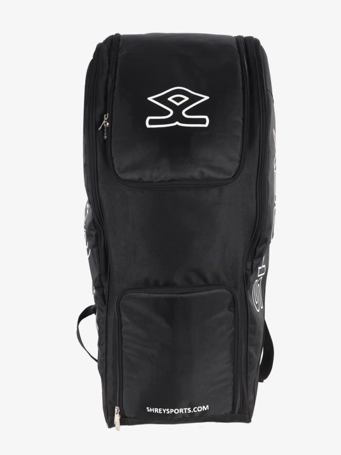 Shrey Performance Duffle cricket bag in black front view showing embossed Shrey logo