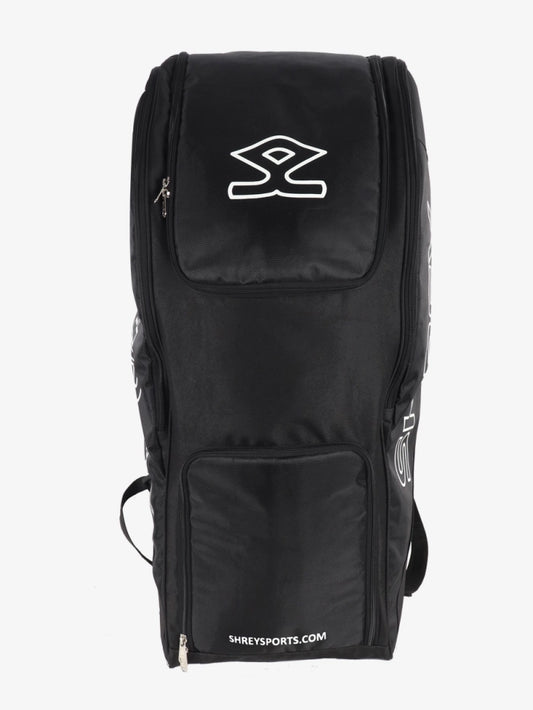 Shrey Performance Duffle cricket bag in black front view showing embossed Shrey logo
