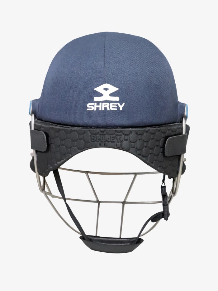 Shrey Pro Neck Protector in black fitted to a Shrey cricket helmet showing front view and protective coverage