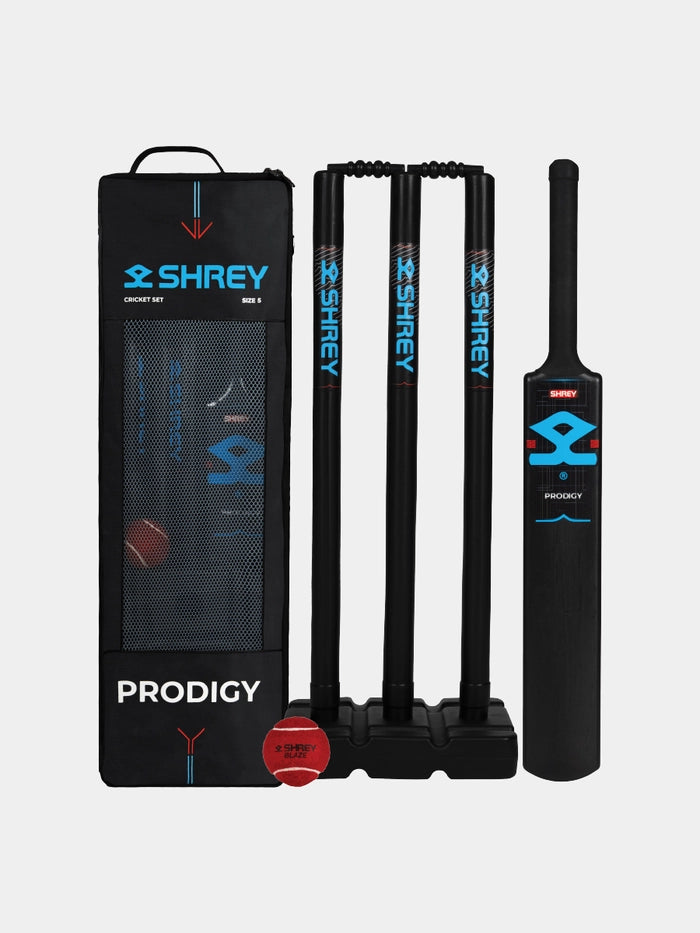 Shrey Prodigy Cricket Set in black showing plastic cricket bat, ball, four stumps, bases, bails and carry bag