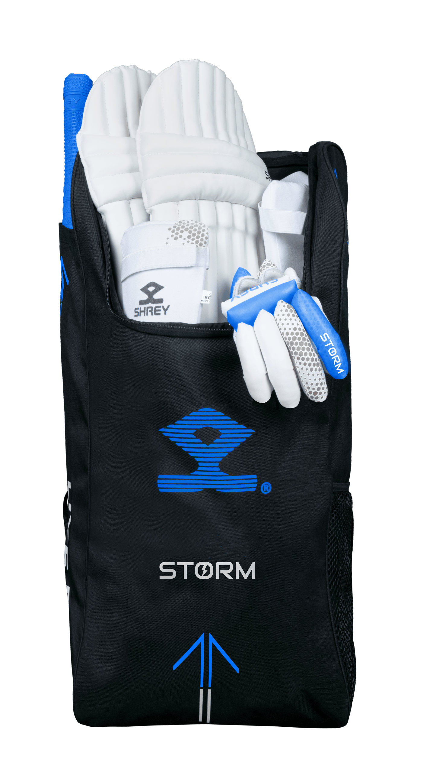 Shrey Storm complete cricket set packed in black carry bag with gloves, pads, and bat visible