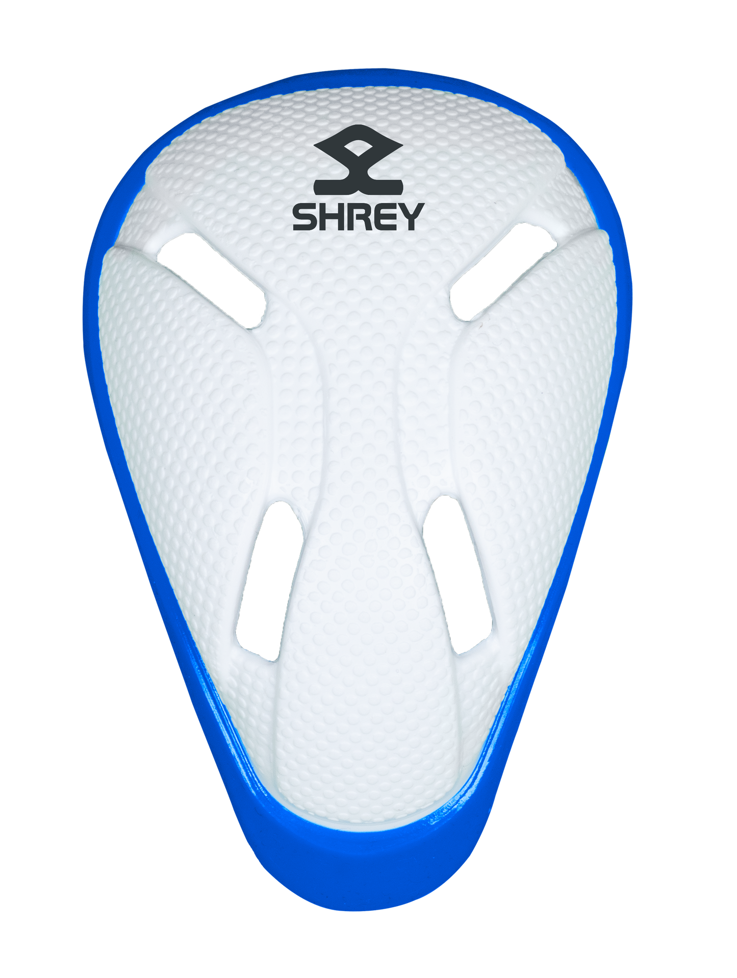 Shrey Storm abdominal guard with white core and blue edge for youth cricket protection
