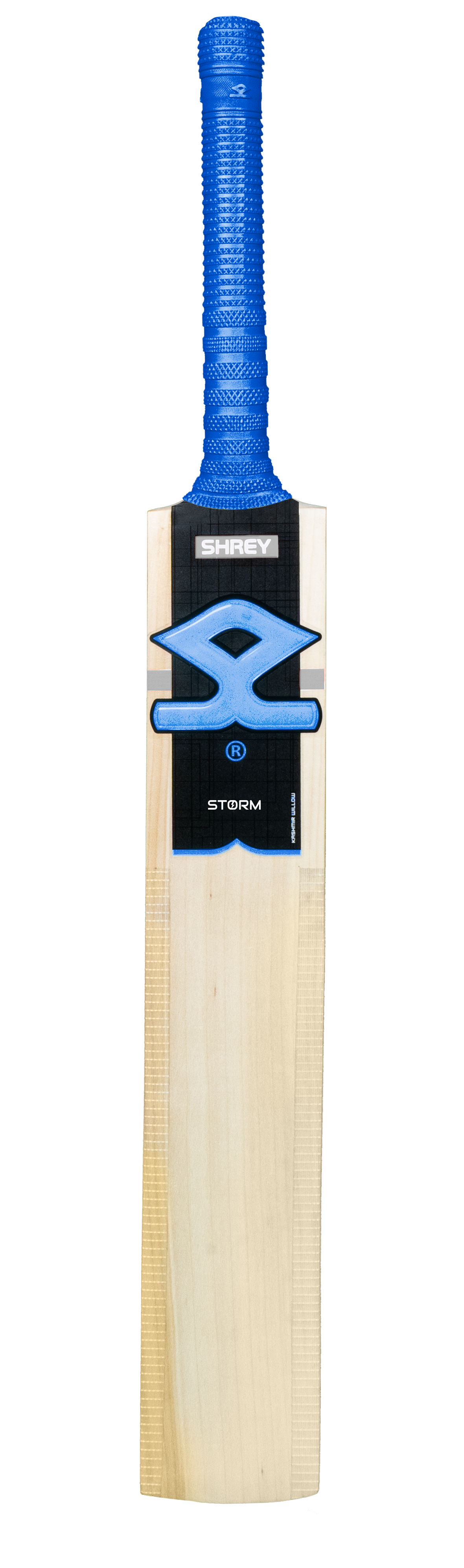 Full front view of Shrey Storm cricket bat with blue handle and branding, part of junior set