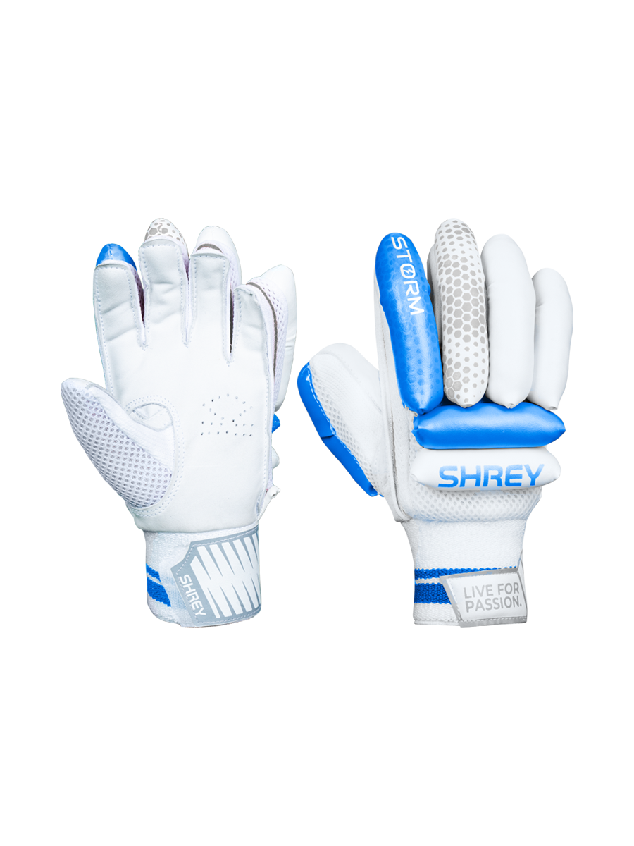 Shrey Storm junior cricket batting gloves in blue and white color combination