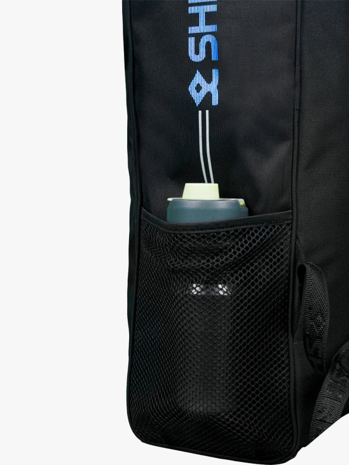 Side pocket of bag with water bottle stored securely