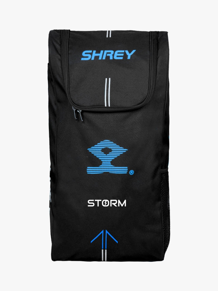 Front view of Shrey Storm duffle cricket bag with blue branding