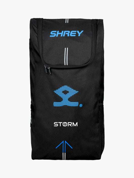 Front view of Shrey Storm duffle cricket bag with blue branding