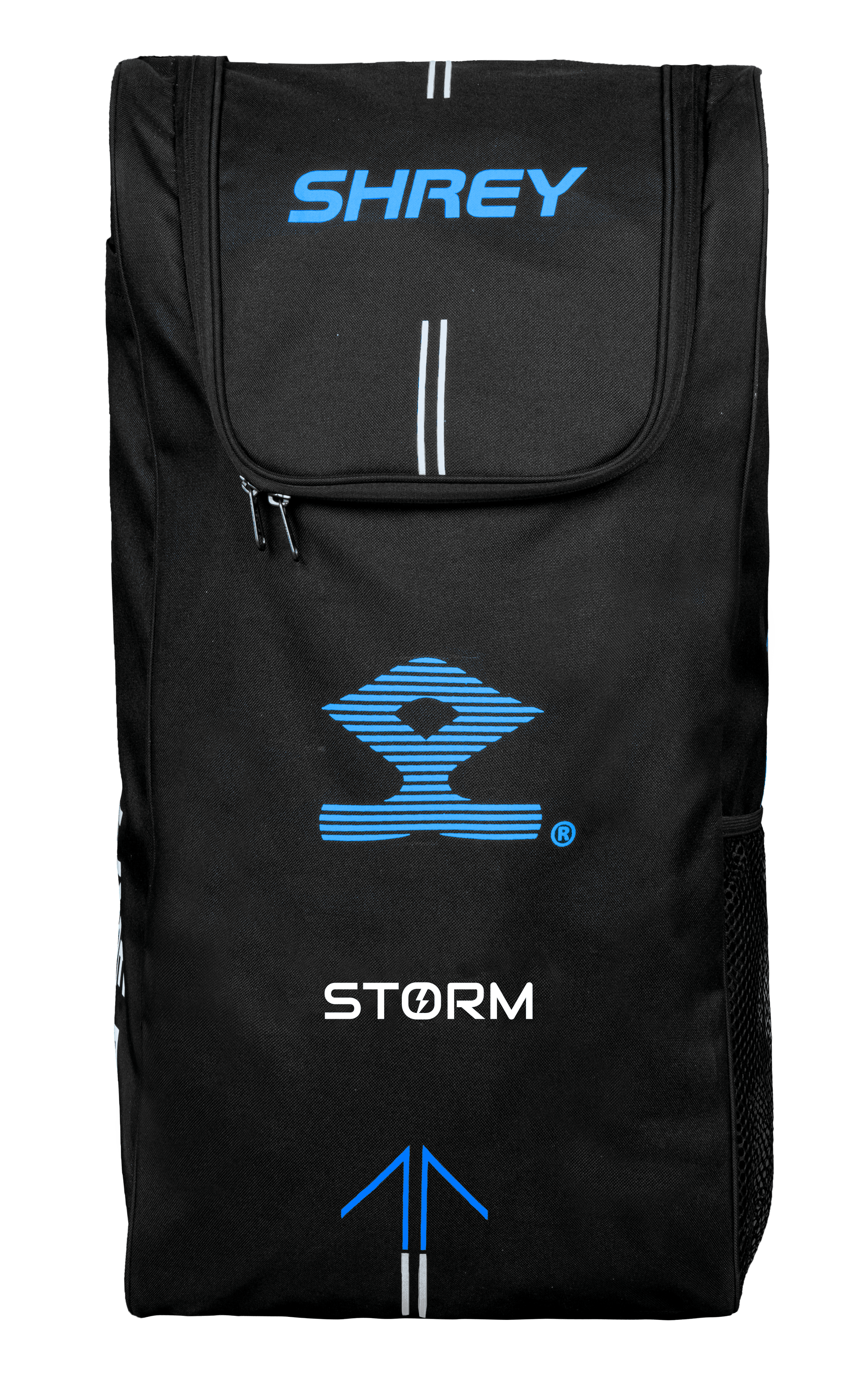 Shrey Storm cricket kit bag empty front view with zippered compartment and blue detailing