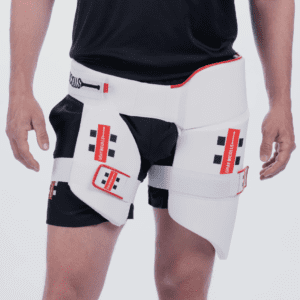 Gray-Nicolls All-in-One 360 Thigh Pad worn by a cricketer, showing the secure and flexible fit in playing stance.