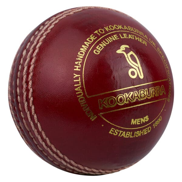 Kookaburra County Club Cricket Ball with gold stamp reading “Genuine Leather” and “Handmade to UK Specifications