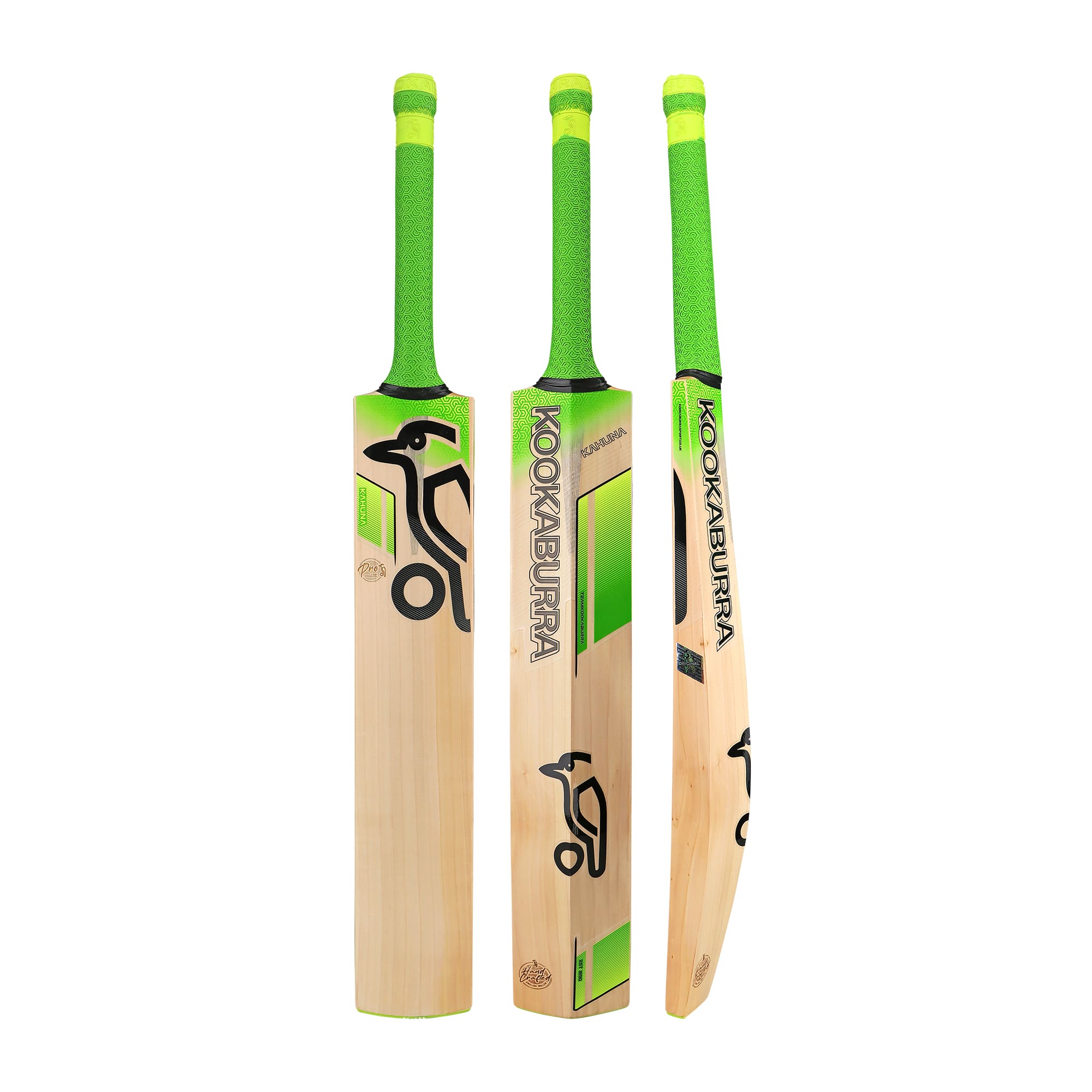 Front, back, and side-by-side view of the 2025 Kookaburra Kahuna Pro Junior Cricket Bat, featuring lime green and black detailing with a textured grip.