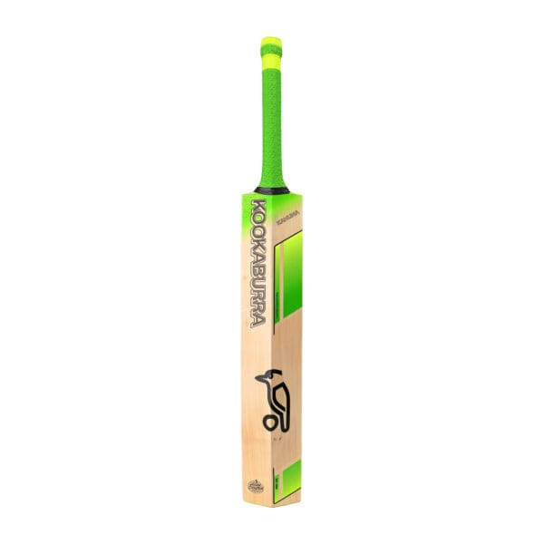 Angled rear view of the Kahuna 2.1 Junior Cricket Bat – showing the curved spine, concaved back and prominent branding along the spine.