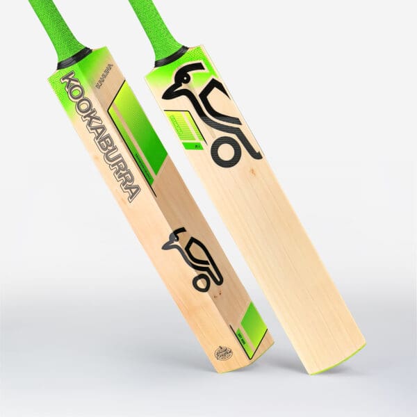 Stylised product shot of two Kookaburra Kahuna 2.1 Junior bats crossed – highlighting branding and finish quality against a clean background.
