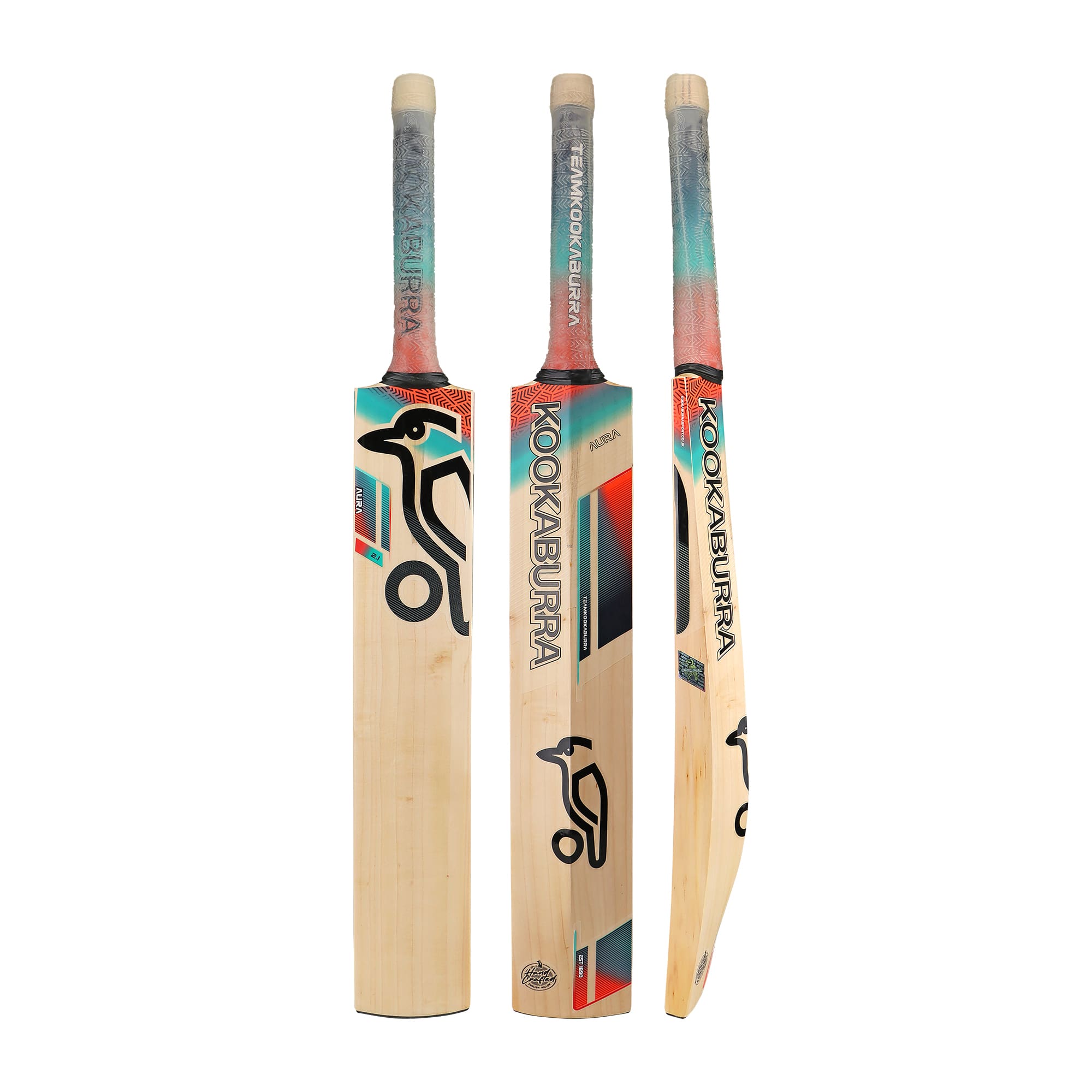 Front, back, and side view of the Kookaburra Aura 2.1 Junior Cricket Bat, showing the full profile, bold graphics, and teal-orange grip design.