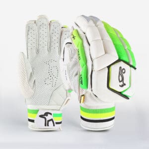 Pair of Kookaburra Kahuna Pro Batting Gloves featuring white leather palm and lime green protective overlays