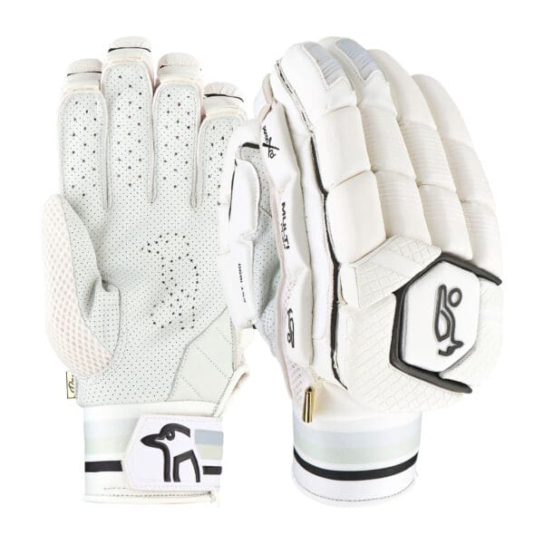 "Front and back view of Kookaburra Ghost Pro Batting Gloves 2025 showcasing ergonomic padding and premium Pittards leather palm"