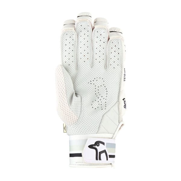 "Palm-side close-up of Kookaburra Ghost Pro Gloves 2025 featuring ventilated Pittards leather and mesh thumb gusset"