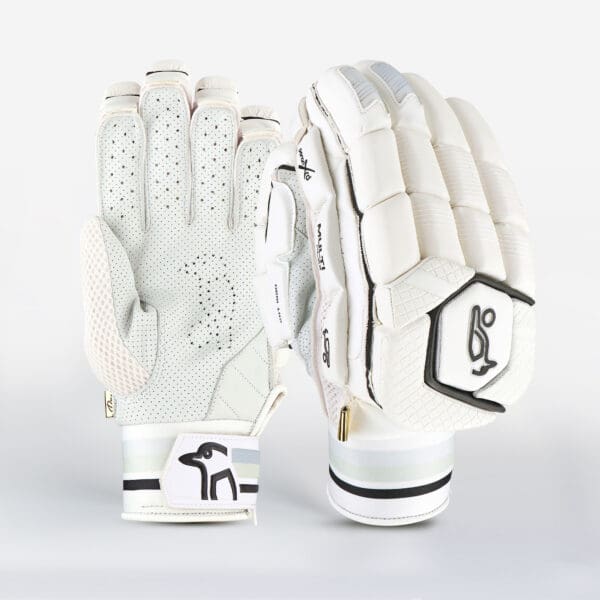"Front and back view of Kookaburra Ghost Pro Batting Gloves 2025 in shadow showcasing ergonomic padding and premium Pittards leather palm"