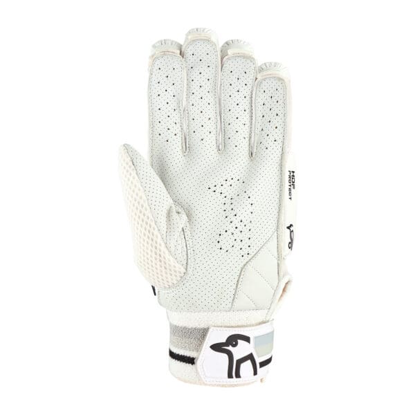 "Palm-side close-up of Kookaburra Ghost 2.1 Batting Gloves 2025 featuring perforated leather and breathable mesh thumb"