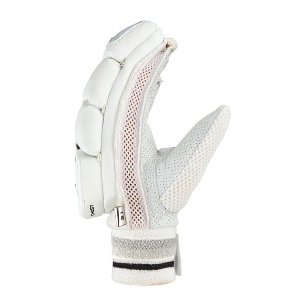 "Side profile view of Kookaburra Ghost 2.1 Batting Gloves 2025 featuring premium mesh gusset and curved thumb design"