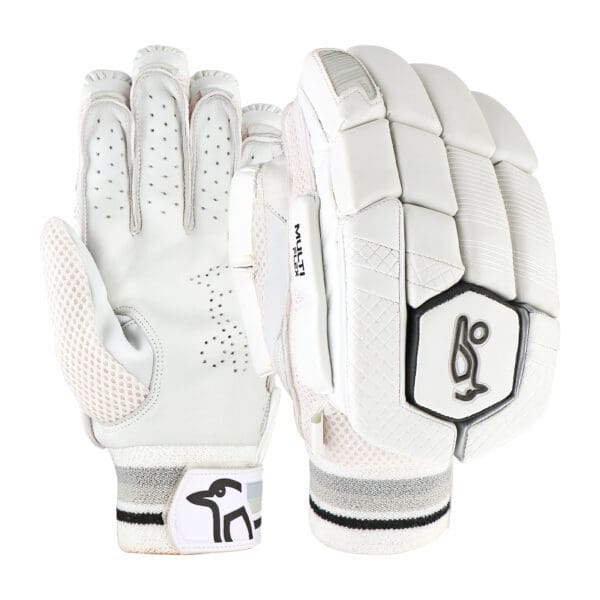 "Front and back view of Kookaburra Ghost 3.1 Batting Gloves 2025 featuring MULTI-FLEX padding and ventilated leather palm"