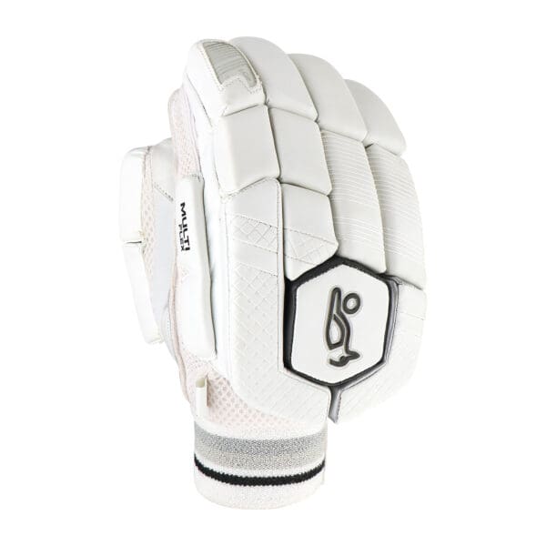 "Angled backhand view of Kookaburra Ghost 3.1 Gloves 2025 showing fibre-reinforced protection and contoured knuckle zones"