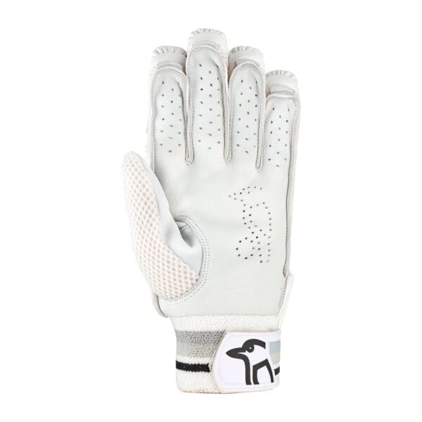 "Palm-side close-up of Kookaburra Ghost 3.1 Batting Gloves 2025 highlighting perforated leather and airflow mesh thumb"
