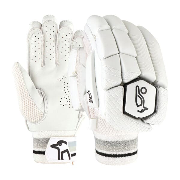 Front and back view of Kookaburra Ghost 4.1 Batting Gloves 2025 showcasing cushioned backhand panels and ventilated palm