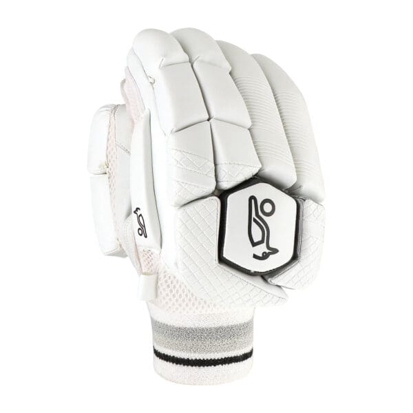 Angled backhand view of Kookaburra Ghost 4.1 Batting Gloves 2025 with fibre inserts and multi-section protection blocks