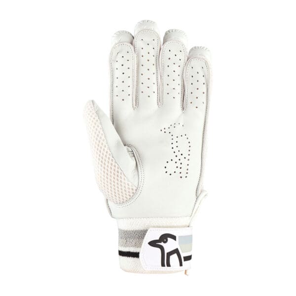 Palm-side close-up of Kookaburra Ghost 4.1 Gloves 2025 highlighting perforated leather grip and airflow thumb gusset