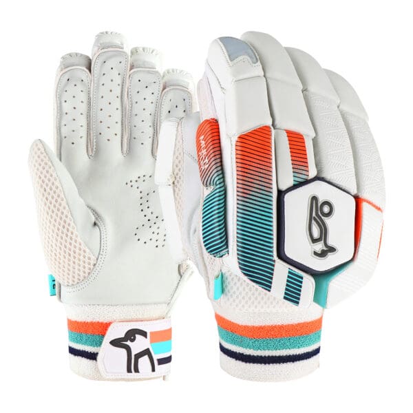 Front and back view of Kookaburra Aura 3.1 Batting Gloves 2025 showcasing vibrant multi-colour backhand design and ventilated leather palm