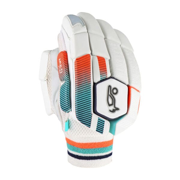 Angled backhand view of Kookaburra Aura 3.1 Batting Gloves 2025 with gradient orange and teal accents and ergonomic knuckle padding