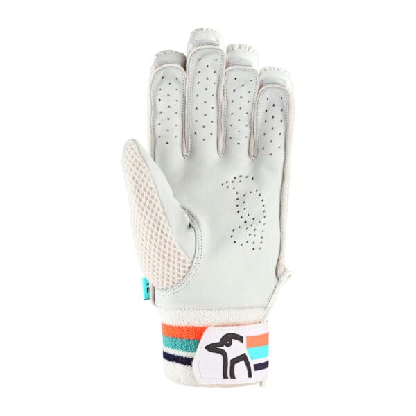 Palm-side close-up of Kookaburra Aura 3.1 Gloves 2025 featuring perforated leather, mesh thumb gusset and tri-stripe wristband