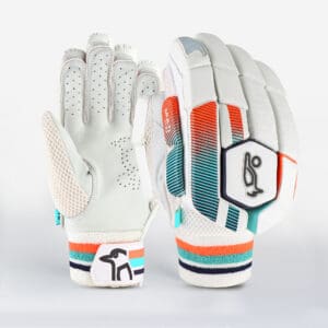Full product display of Kookaburra Aura 3.1 Batting Gloves 2025 highlighting premium build, flexible finger rolls and bold styling