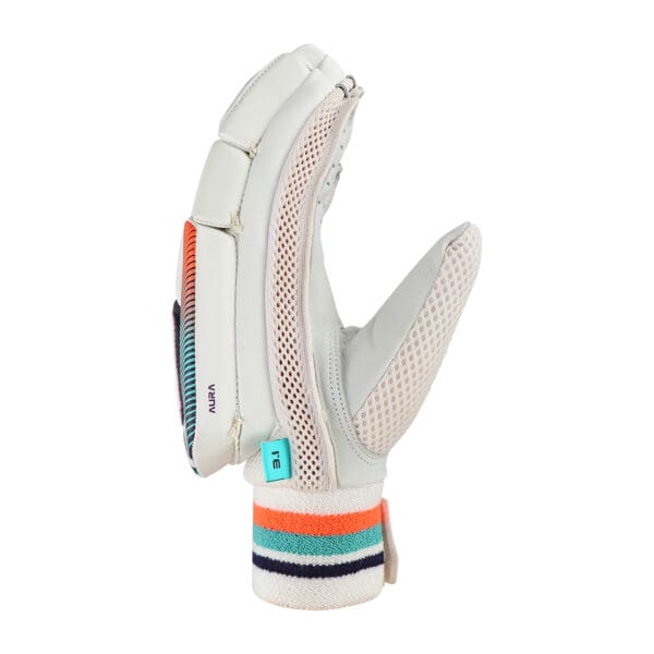 Profile view of Kookaburra Aura 3.1 Batting Gloves 2025 showing contoured thumb construction and mesh ventilation panel