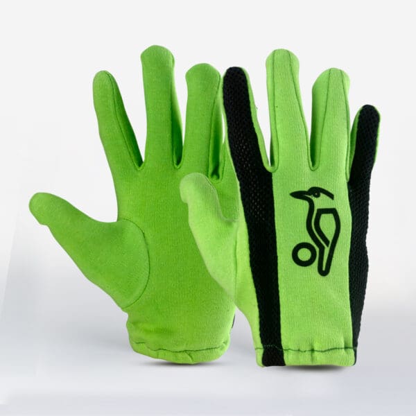 Pair of Kookaburra full batting inner gloves with soft green cotton finish and black contrast design