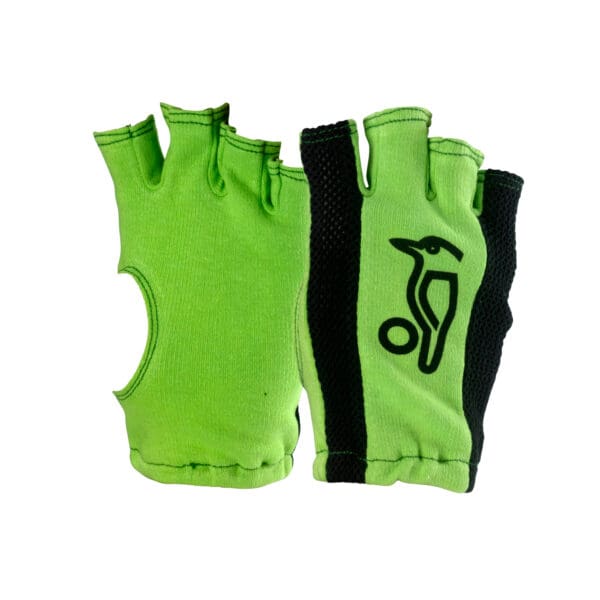 Pair of Kookaburra fingerless batting inners showing palm and back view in green and black