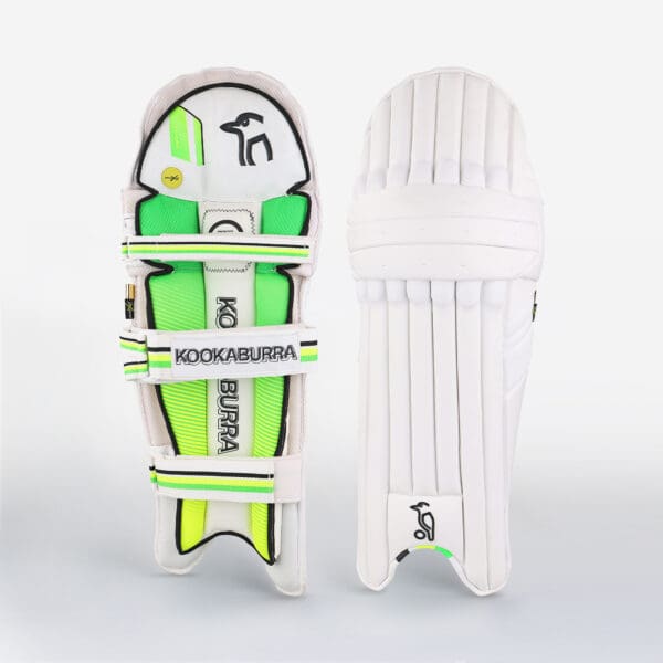 Front and back view of Kookaburra Kahuna Pro Batting Pads showcasing white design with green and black accents.