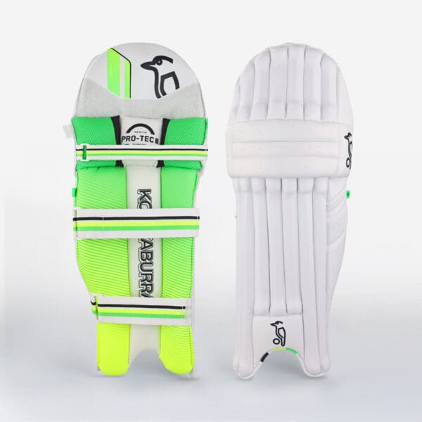 Front and rear view of Kookaburra Kahuna 4.1 Batting Pads 2025 – white pads with lime green accents, showcasing traditional cane facing and contoured knee protection.